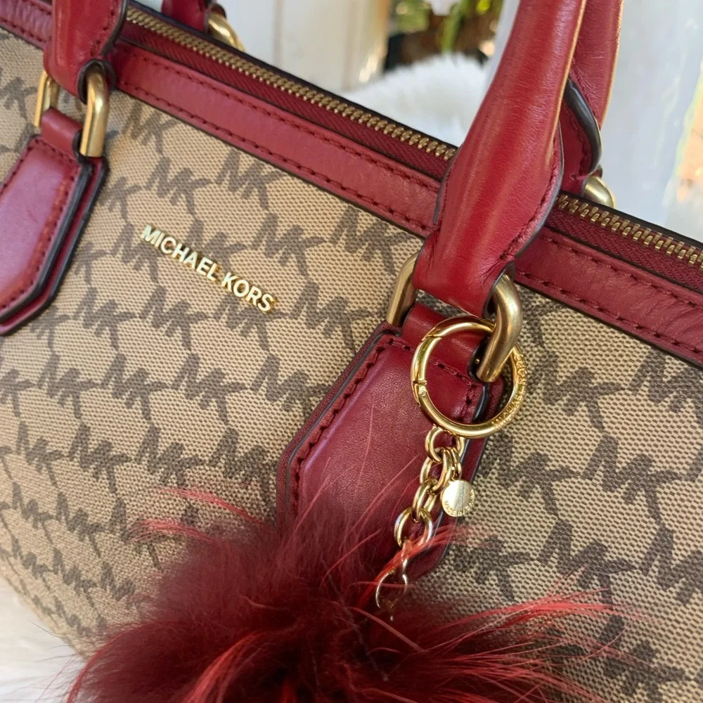 Michael Kors Mercer Medium Duffle Satchel Cherry Red/Tan Leather